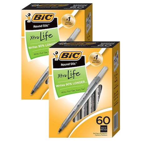 Bic Round Stic Xtra Life Ball Pen, Black, 60 Per Pack, PK2 GSM609BK